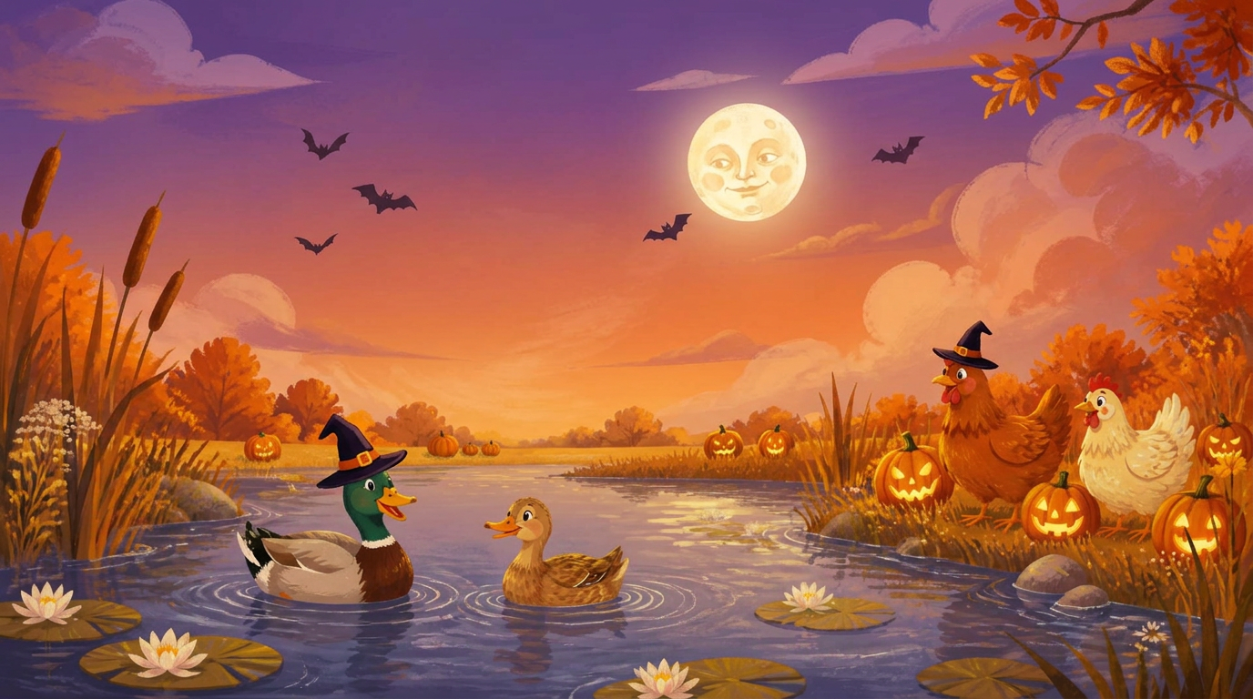 Illustrated halloween pond with ducks paddling and chickens on the grassy bank
