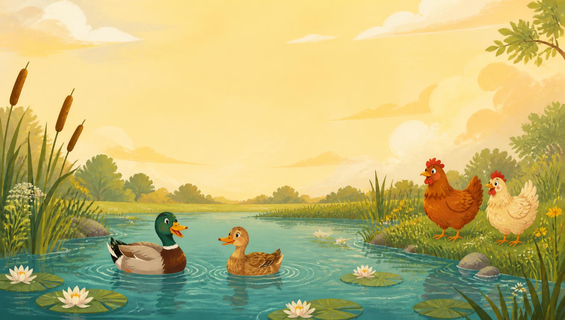 Illustrated pond with ducks paddling and chickens on the grassy bank